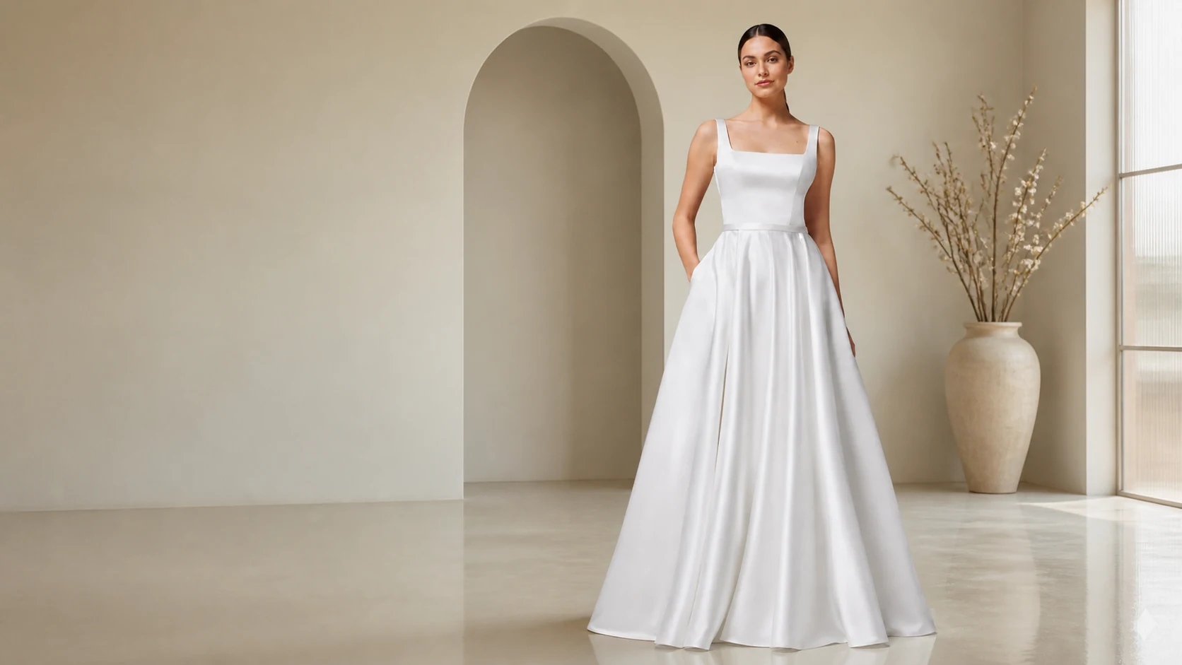 Vestido de noiva com decote quadrado e saia longa de cetim