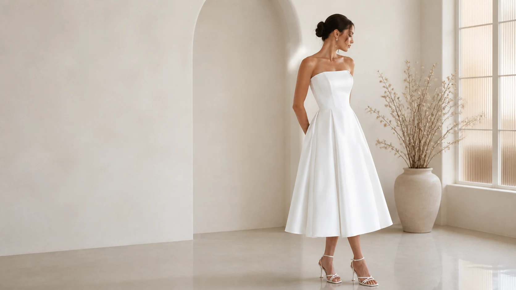 Vestido de noiva midi tomara que caia com saia evasê