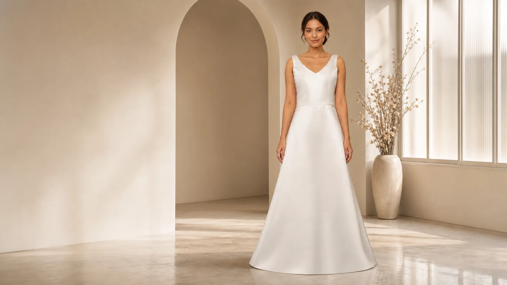 Vestido de noiva com decote em V e saia longa evasê