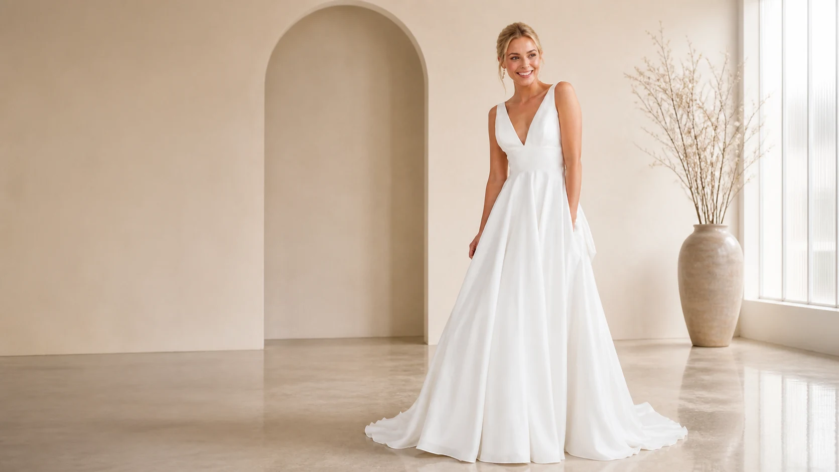 Vestido de noiva com decote em V profundo e saia ampla